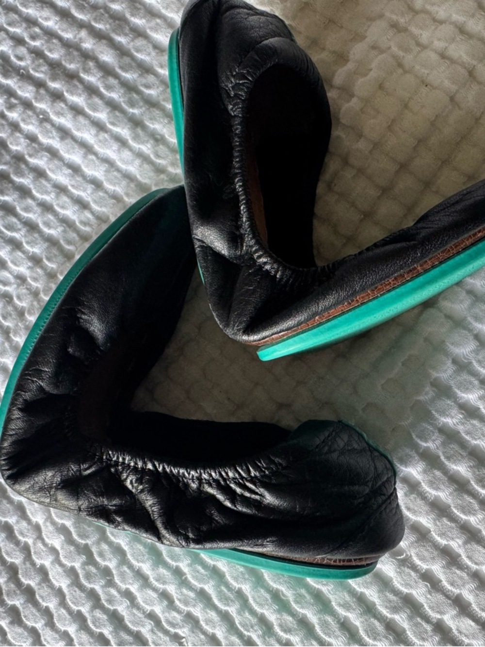 Tieks Black Leather Foldable Ballet Flats with Teal Accent - Picture 9 of 9